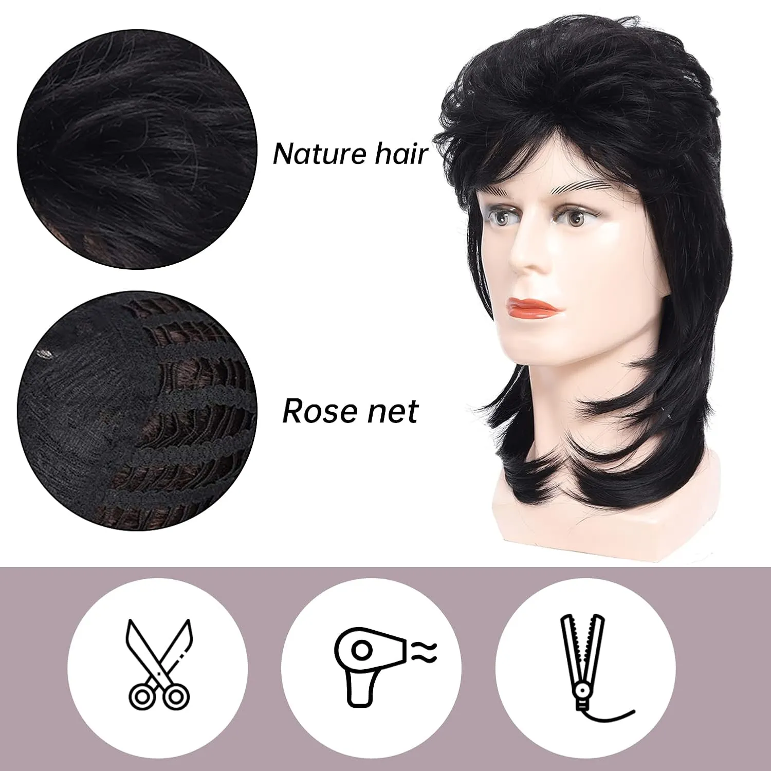 Mullet Wigs for Men Joe Dirt Emo Wig 70s 80s and 90s Costumes Fancy Party Accessory Cosplay Wig Halloween Man x (Black)