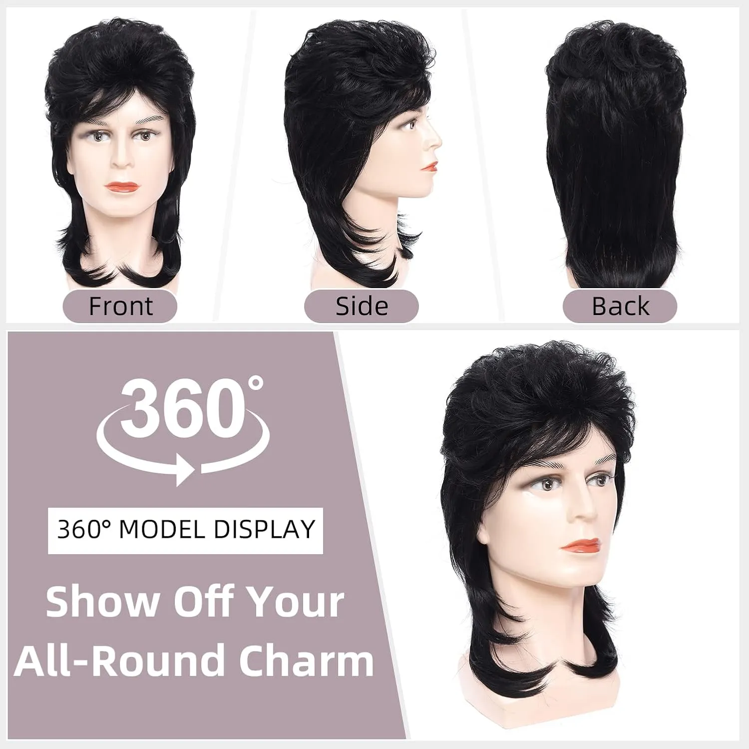 Mullet Wigs for Men Joe Dirt Emo Wig 70s 80s and 90s Costumes Fancy Party Accessory Cosplay Wig Halloween Man x (Black)