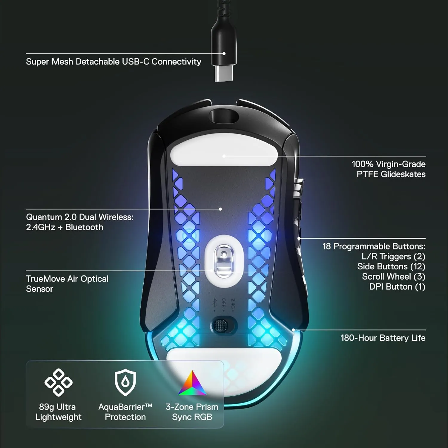 SteelSeries Aerox 9 Wireless - Holey RGB Gaming Mouse - Ultra-lightweight Water Resistant Design - 18 Buttons  Bluetooth/2.4 GHz - 18K DPI TrueMove Air Optical Sensor