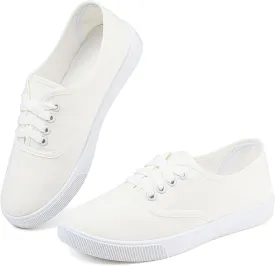 Womens White Canvas Sneakers Lightweight Lace Up Fashion Comfortable Canvas Shoes Low Top Slip On Casual Tennis Walking Shoes Women Footwear
